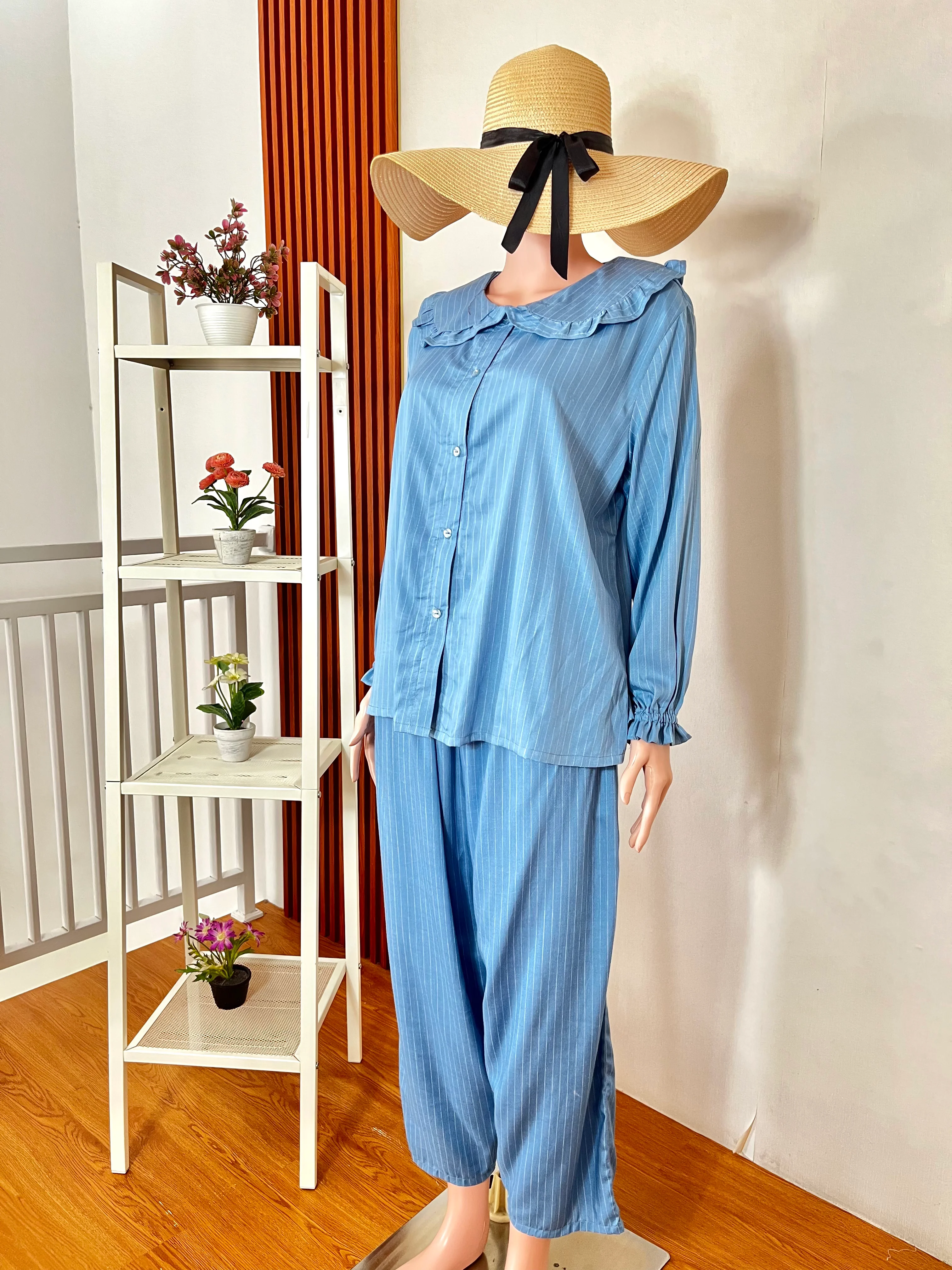 Leia Apparel - Sky Blue Ruffle Pinstripe Pajamas