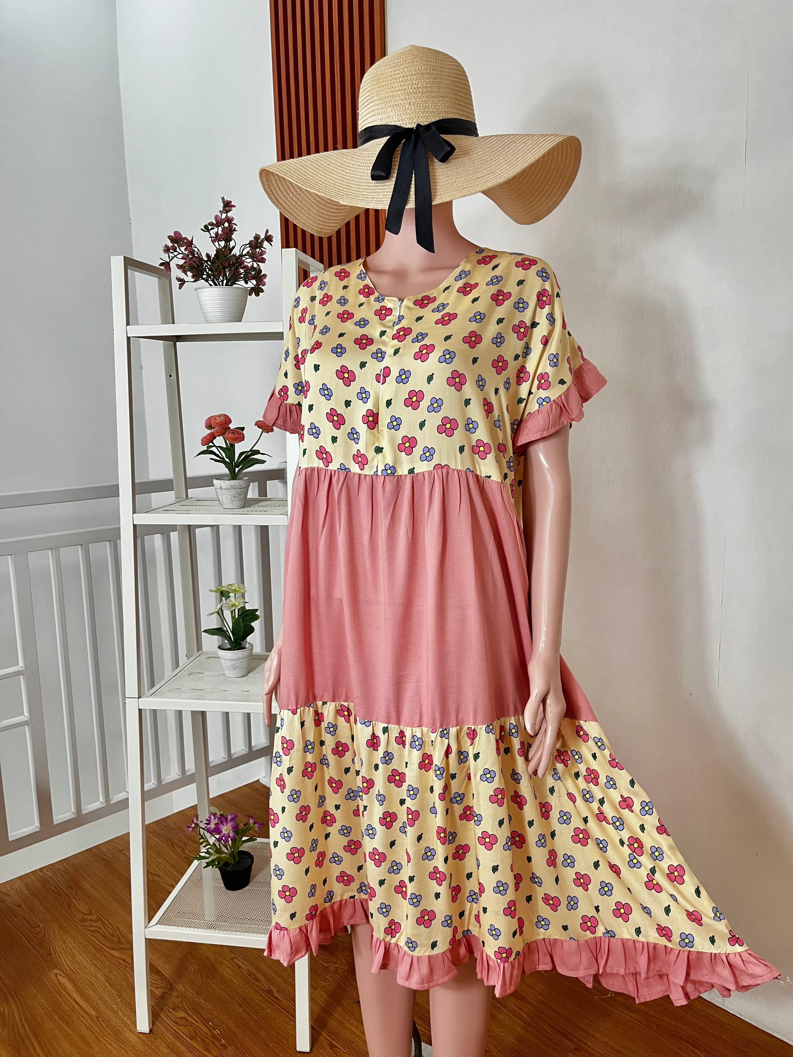 Colorblock Tiered Floral Midi Homedress