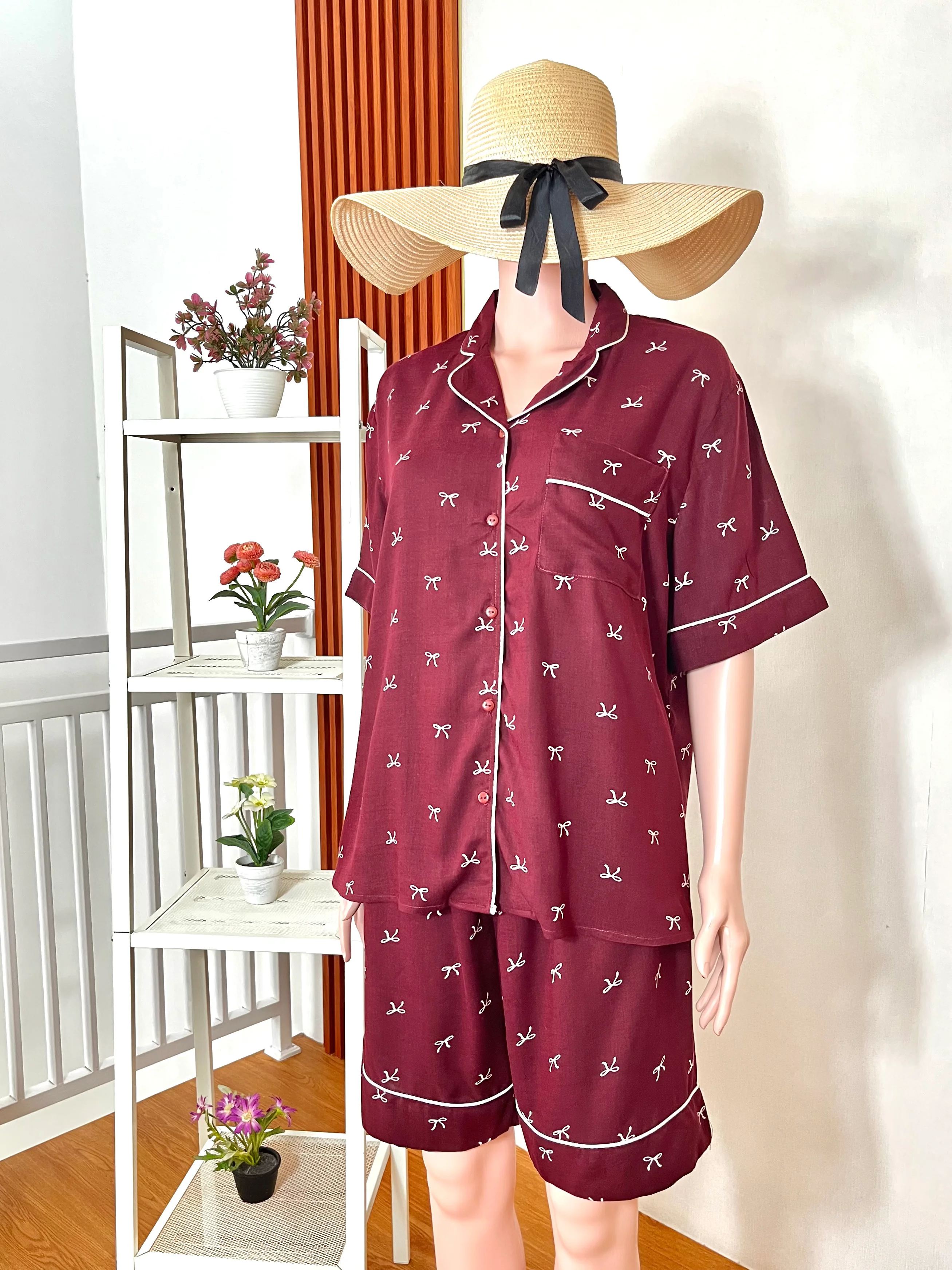 Burgundy Ribbon Classic Notch Pajamas Set